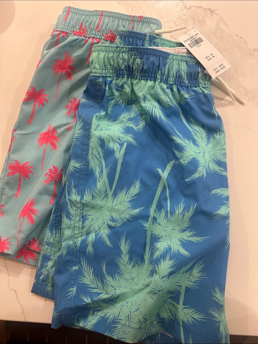 Abercrombie & Fitch Kids Palm-Print Swim Shorts - Blue & Teal with Coral Accent
